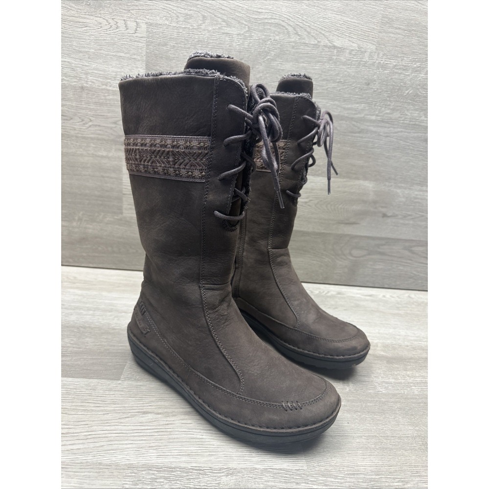 TEVA‎ Kiru Brown Nubuck Leather  Fleece Lined Mid Calf Boots Decorative Woven 8